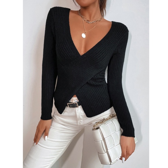 Rouge! Sweaters - Black Criss Cross Front V-Neck Rib Knit Sweater To